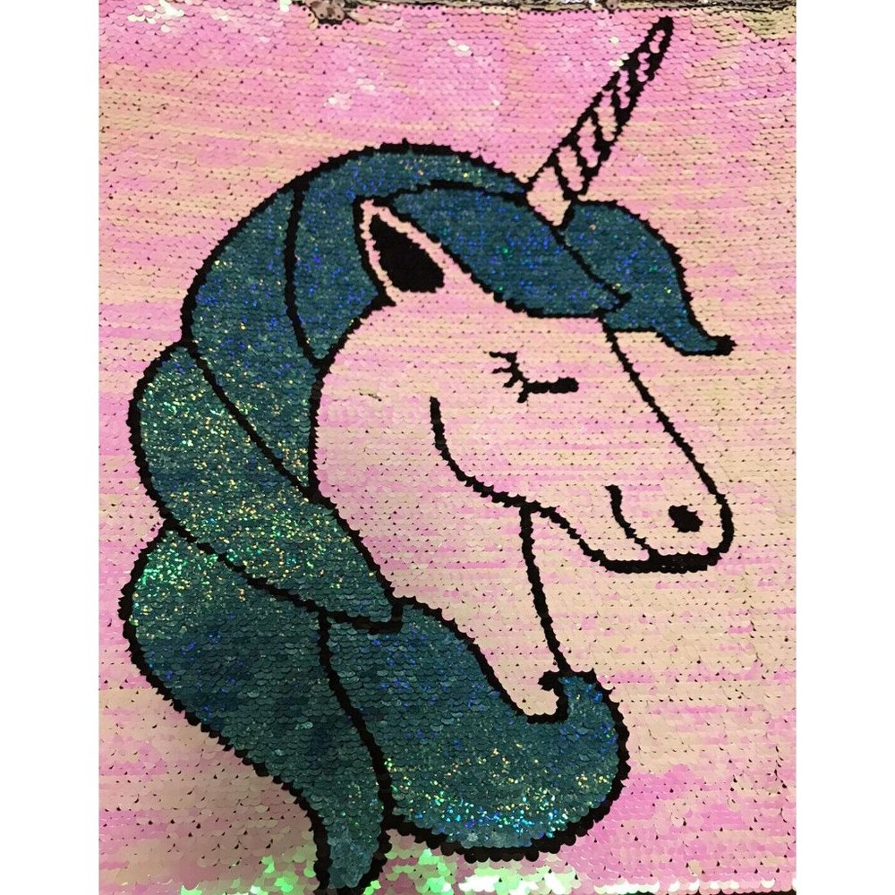 Pink Green Iridescent Unicorn Magic Sequin Tote Bag 14 1/2 x 15" Black Back - Picture 6 of 6